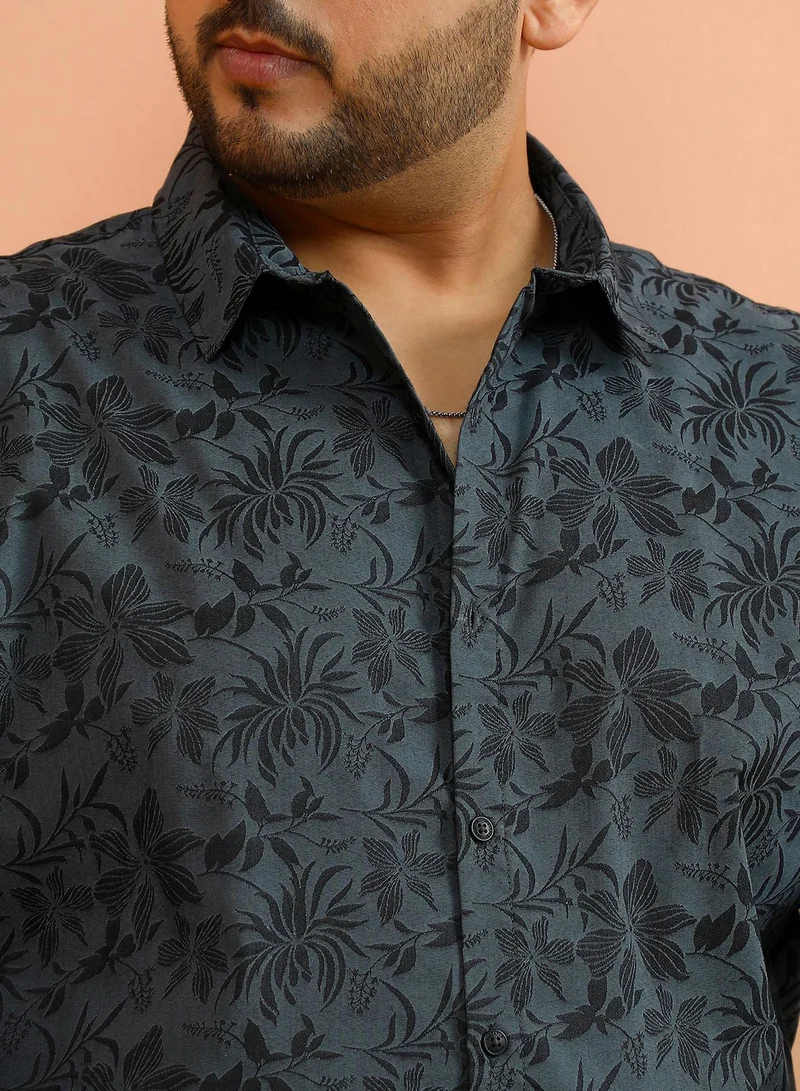 Instafab Plus Instafab Plus Men's Charcoal Grey Botanical-Jacquard Shirt For Casual Wear | Spread Collar | Long Cuffed Sleeves | Button Closure | Plus Size Shirt Crafted With Comfort Fit For Everyday Wear