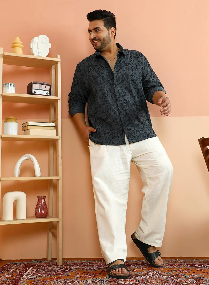 Instafab Plus Instafab Plus Men's Charcoal Grey Botanical-Jacquard Shirt For Casual Wear | Spread Collar | Long Cuffed Sleeves | Button Closure | Plus Size Shirt Crafted With Comfort Fit For Everyday Wear