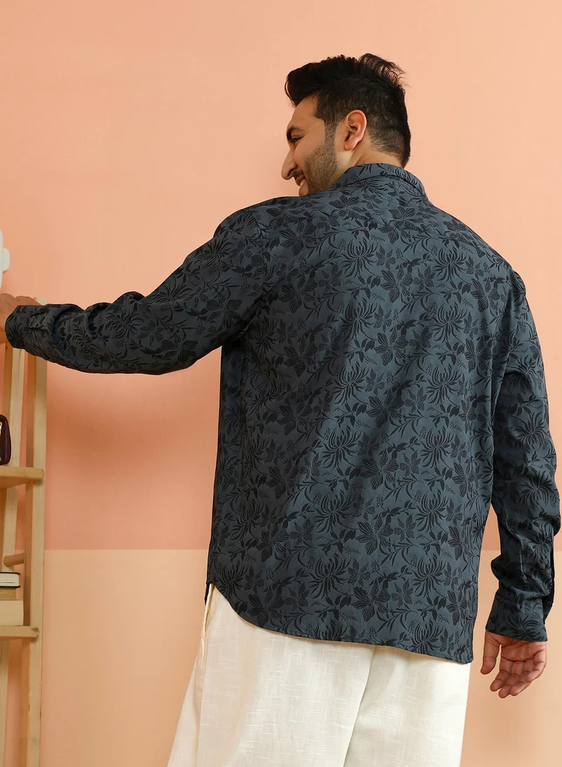 Instafab Plus Instafab Plus Men's Charcoal Grey Botanical-Jacquard Shirt For Casual Wear | Spread Collar | Long Cuffed Sleeves | Button Closure | Plus Size Shirt Crafted With Comfort Fit For Everyday Wear