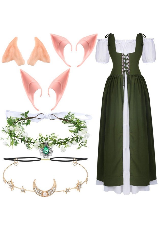 Bonuci Women Renaissance Dress Medieval Costume Women with Elf Ears, Moon Head Chain and Woodland Fairy Crown for Carnival (XS,Light Green) - Image 1