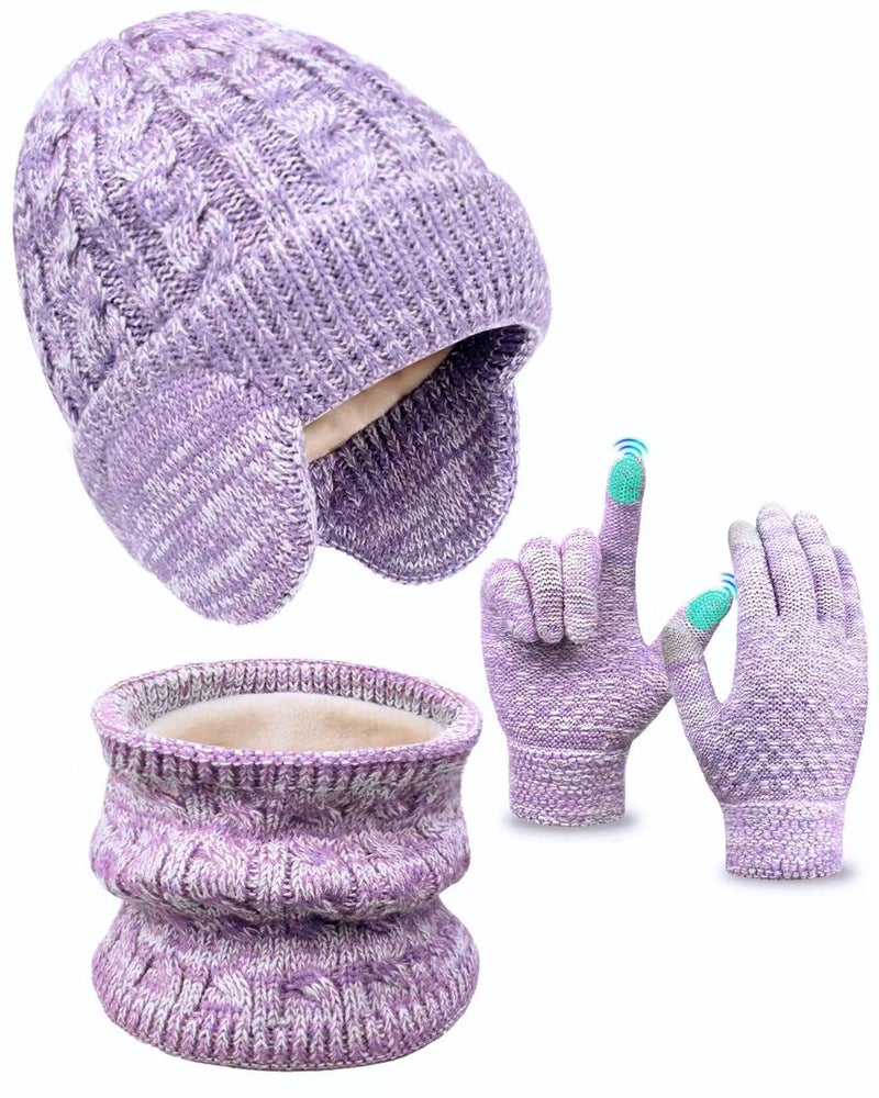 EAONE Kids Winter Hat Gloves Scarf Set,Toddler Girls Boys Beanie Hat with Earflaps,Knit Mittens & Neck Gaiter Warmer for Kids 4-12 - Image 1
