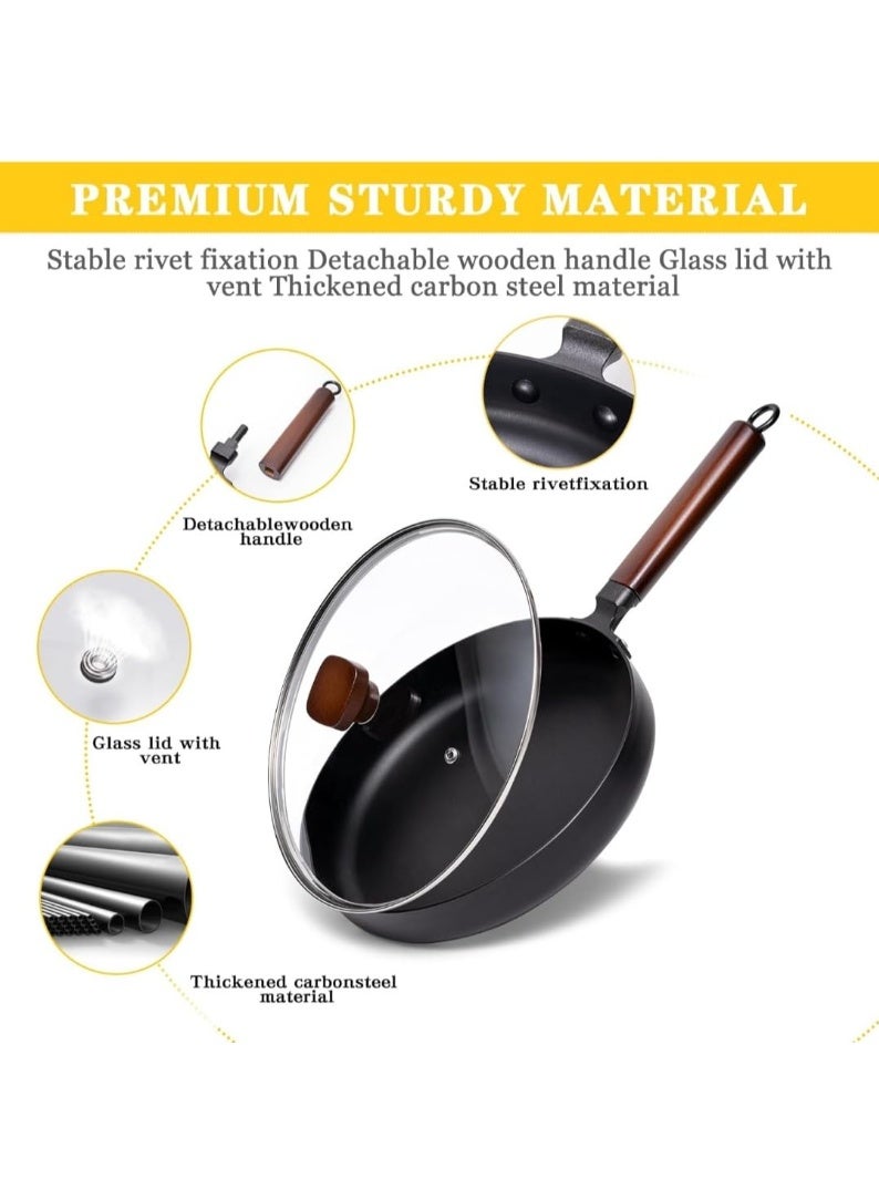 مقلاة حديدية صينية غير لاصقة بقطر 26 سم مع غطاء زجاجي، مصنوعة منزليًا، مقلاة حديدية تقليدية يابانية بقطر 10 بوصات، مقلاة غير مطلية بقطر 26 سم - Image 3