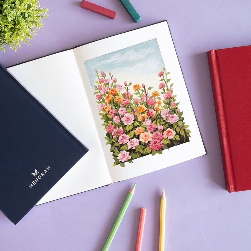 MENORAH - A5 - Sketch Book for Artist - 115 GSM (160 Pages / 80 Sheets) - Artist Drawing Book - (21.0Cm X 14.8Cm) - Hard Case Bound - Completely Handmade-Portrait- Dark Blue,, Paper, oil pastels - Image 3