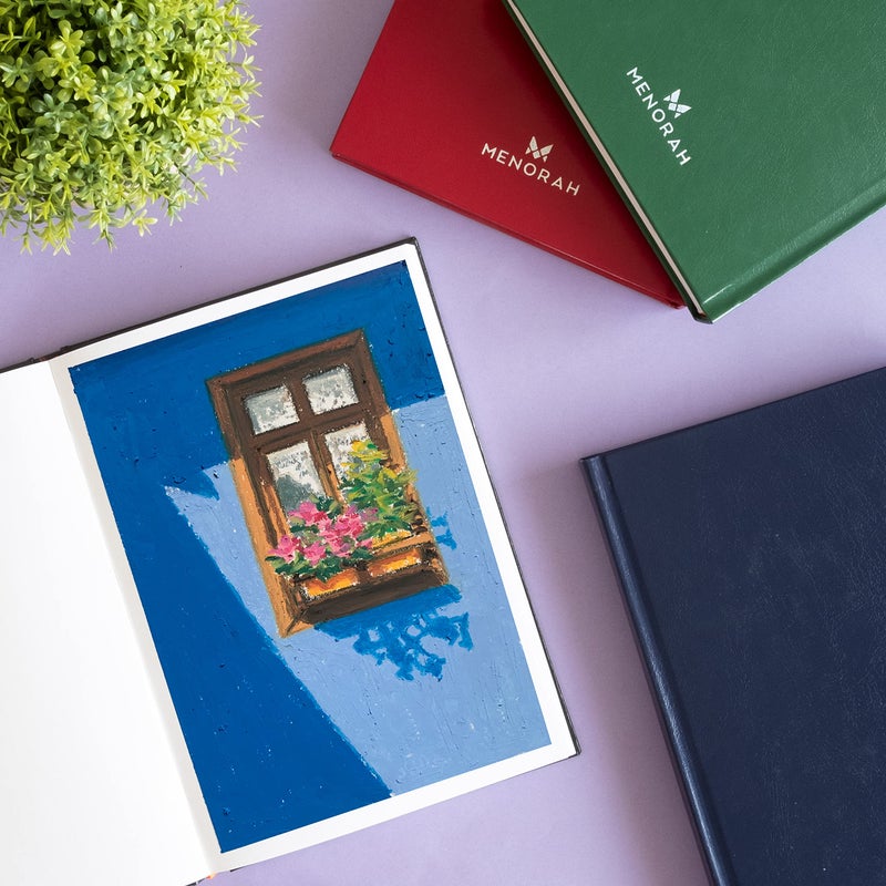 MENORAH - A5 - Sketch Book for Artist - 115 GSM (160 Pages / 80 Sheets) - Artist Drawing Book - (21.0Cm X 14.8Cm) - Hard Case Bound - Completely Handmade-Portrait- Dark Blue,, Paper, oil pastels - Image 4