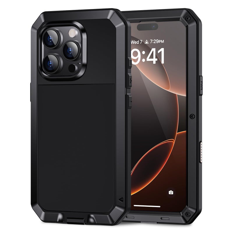 Lanhiem for iPhone 16 Pro Max Case, Metal Heavy Duty Shockproof Tough Rugged Case with Built-in Glass Screen Protector, 360 Full Body DustProof Strong Protective Phone Case for 16 Pro Max 6.9", Black - Image 1