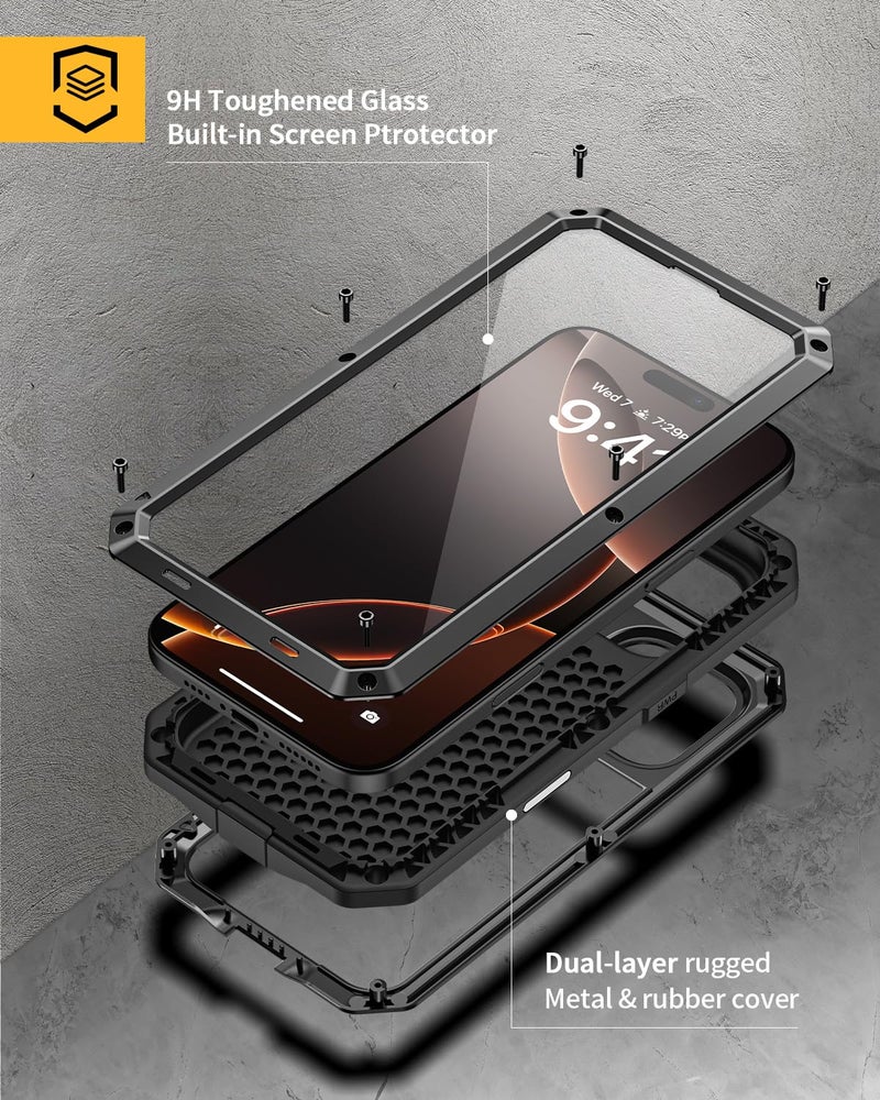 Lanhiem for iPhone 16 Pro Max Case, Metal Heavy Duty Shockproof Tough Rugged Case with Built-in Glass Screen Protector, 360 Full Body DustProof Strong Protective Phone Case for 16 Pro Max 6.9", Black - Image 2