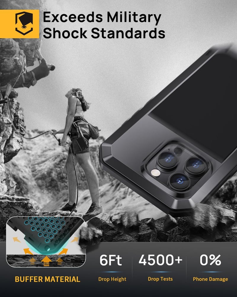Lanhiem for iPhone 16 Pro Max Case, Metal Heavy Duty Shockproof Tough Rugged Case with Built-in Glass Screen Protector, 360 Full Body DustProof Strong Protective Phone Case for 16 Pro Max 6.9", Black - Image 3