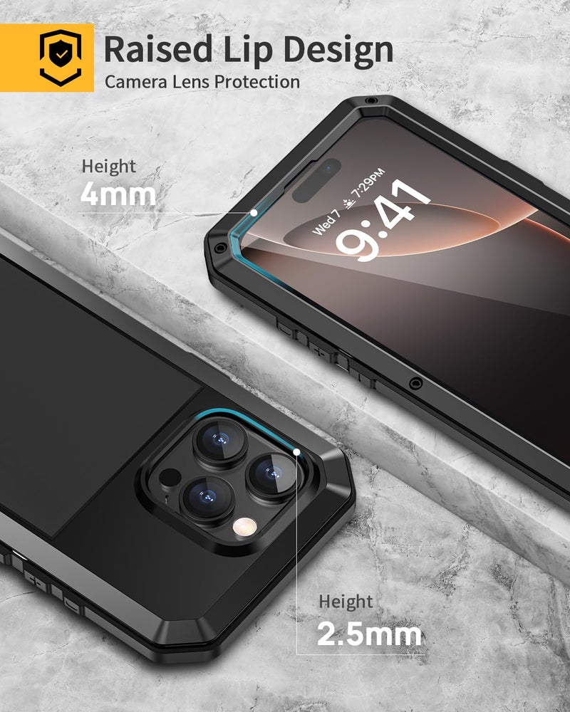 Lanhiem for iPhone 16 Pro Max Case, Metal Heavy Duty Shockproof Tough Rugged Case with Built-in Glass Screen Protector, 360 Full Body DustProof Strong Protective Phone Case for 16 Pro Max 6.9", Black - Image 5