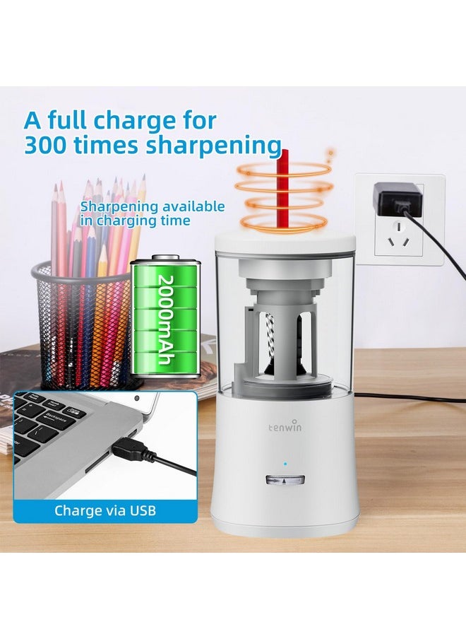 tenwin - Electric Pencil Sharpener, Fully Automatic Pencil Sharpener For 6-8Mm Colored Pencils, Hands-Free Rechargeable Sharpener, Fast Sharpening, No Uneven Tips, Also For Short Pencils, White - Image 1