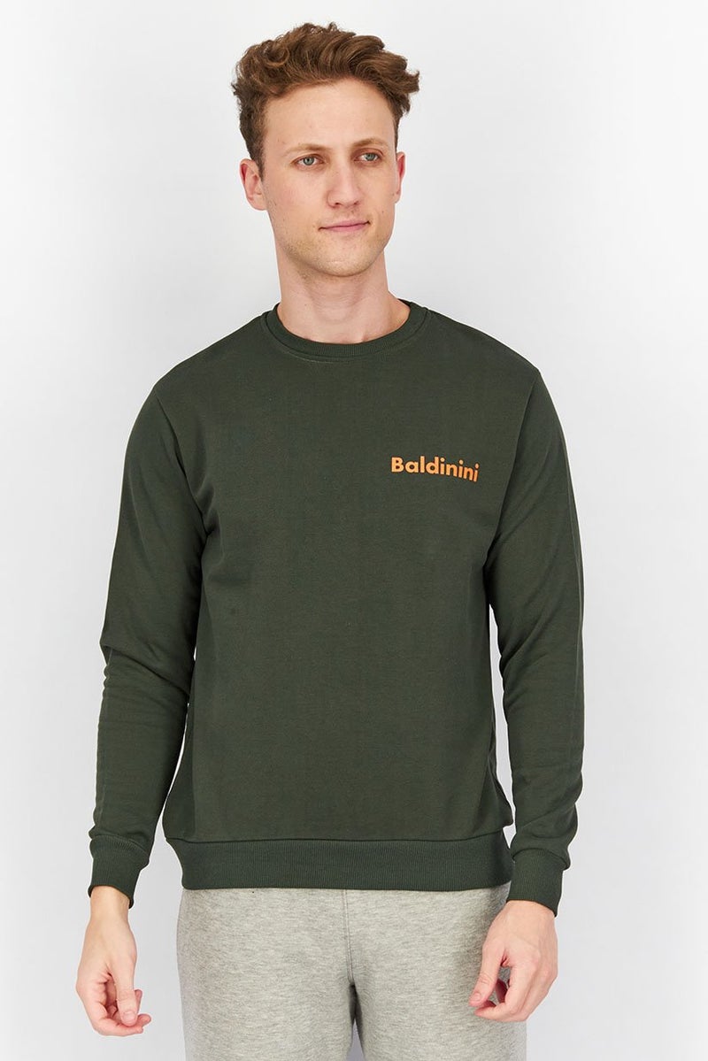 Baldinini Men Crew Neck Long Sleeve Brand Logo Sweatshirts, Dark Green and Orange - Image 1