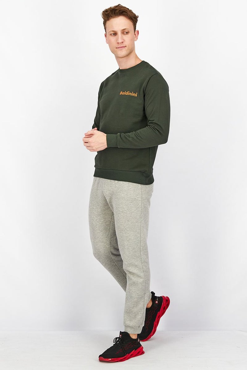 Baldinini Men Crew Neck Long Sleeve Brand Logo Sweatshirts, Dark Green and Orange - Image 4