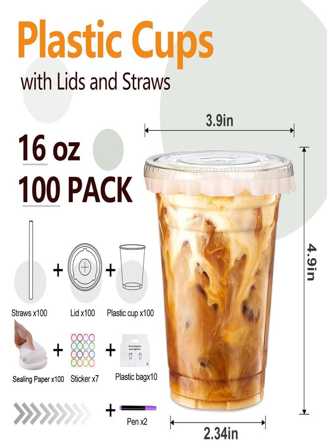 Brajttt 16 oz Clear Plastic Cups with Lids and Straws, 100 Pack Disposable Iced Coffee Cups with Lids, Sturdy & Food Safe lemonade cups for Cold Drinks,Friend,Party, Kitchen Accessories - Image 2