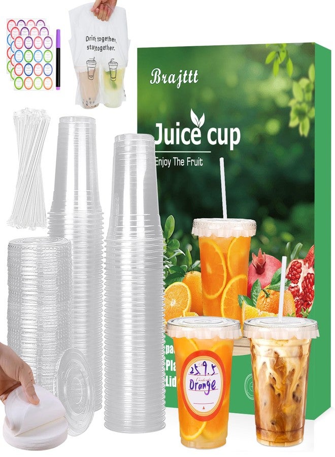 Brajttt 16 oz Clear Plastic Cups with Lids and Straws, 100 Pack Disposable Iced Coffee Cups with Lids, Sturdy & Food Safe lemonade cups for Cold Drinks,Friend,Party, Kitchen Accessories - Image 1