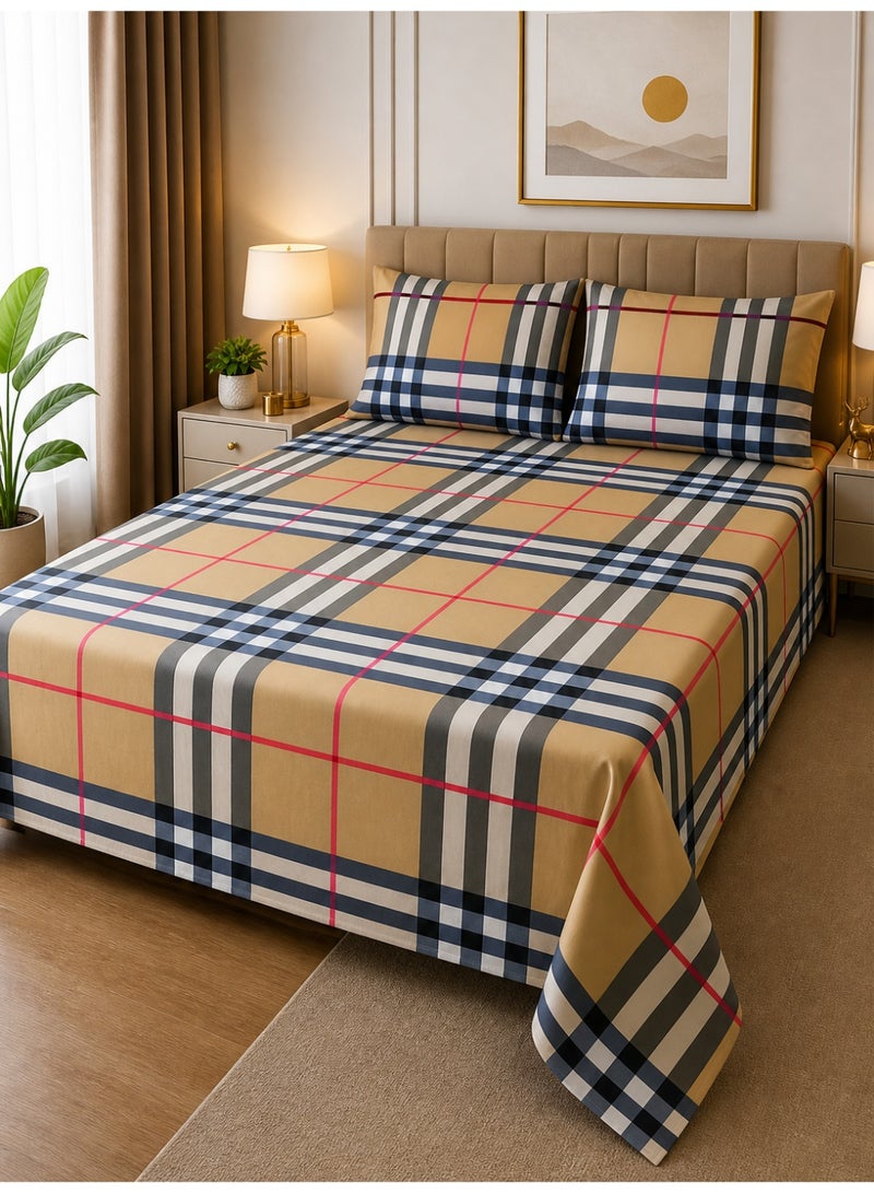 Eworld King Size Bed Sheet Set 220x240 cm Check Print 125 GSM Soft Breathable Fabric 1 Bedsheet 2 Pillow Covers Durable Fade Resistant - Image 1