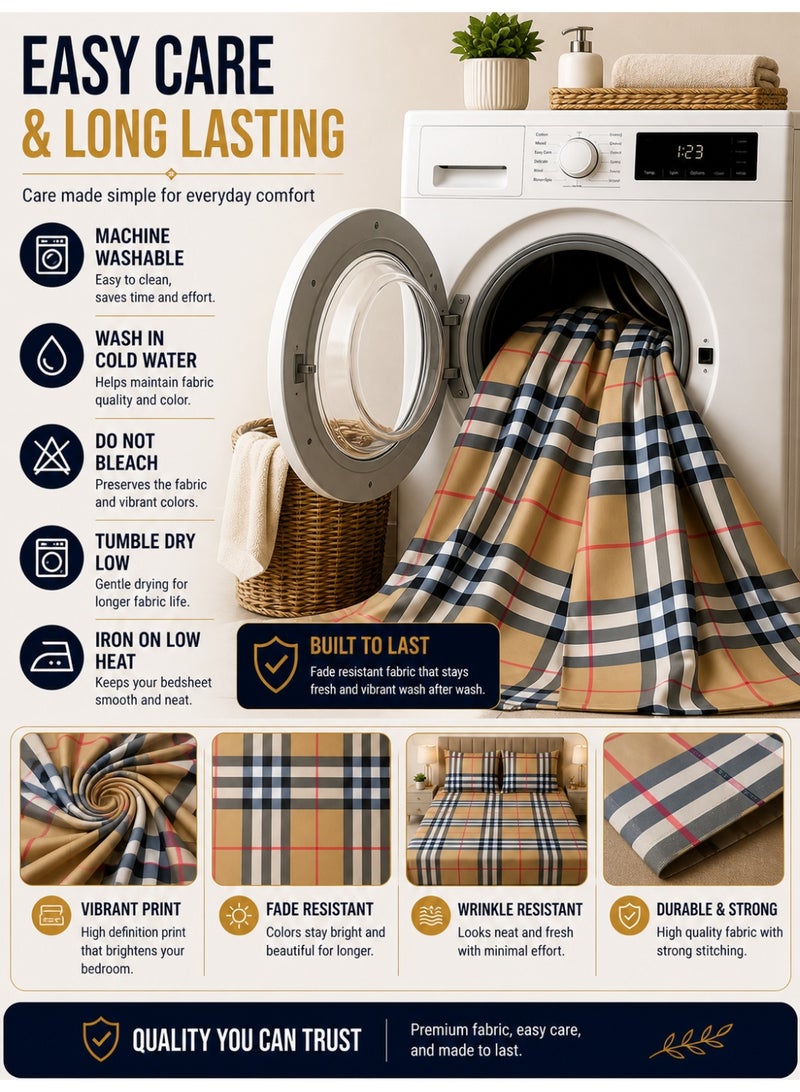 Eworld King Size Bed Sheet Set 220x240 cm Check Print 125 GSM Soft Breathable Fabric 1 Bedsheet 2 Pillow Covers Durable Fade Resistant - Image 4