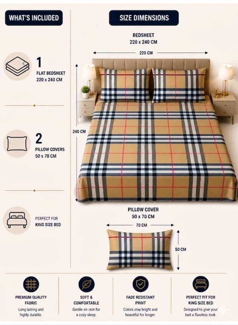 Eworld King Size Bed Sheet Set 220x240 cm Check Print 125 GSM Soft Breathable Fabric 1 Bedsheet 2 Pillow Covers Durable Fade Resistant - Image 3