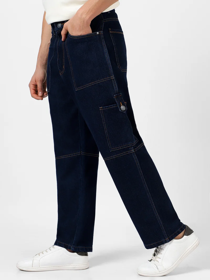 Urbano Fashion Urbano Fashion Men's Dark Blue Loose Baggy Fit Washed Cargo Jeans with 6 Pockets Non-Stretchable