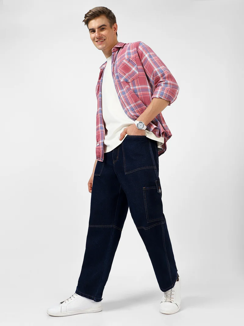 Urbano Fashion Urbano Fashion Men's Dark Blue Loose Baggy Fit Washed Cargo Jeans with 6 Pockets Non-Stretchable