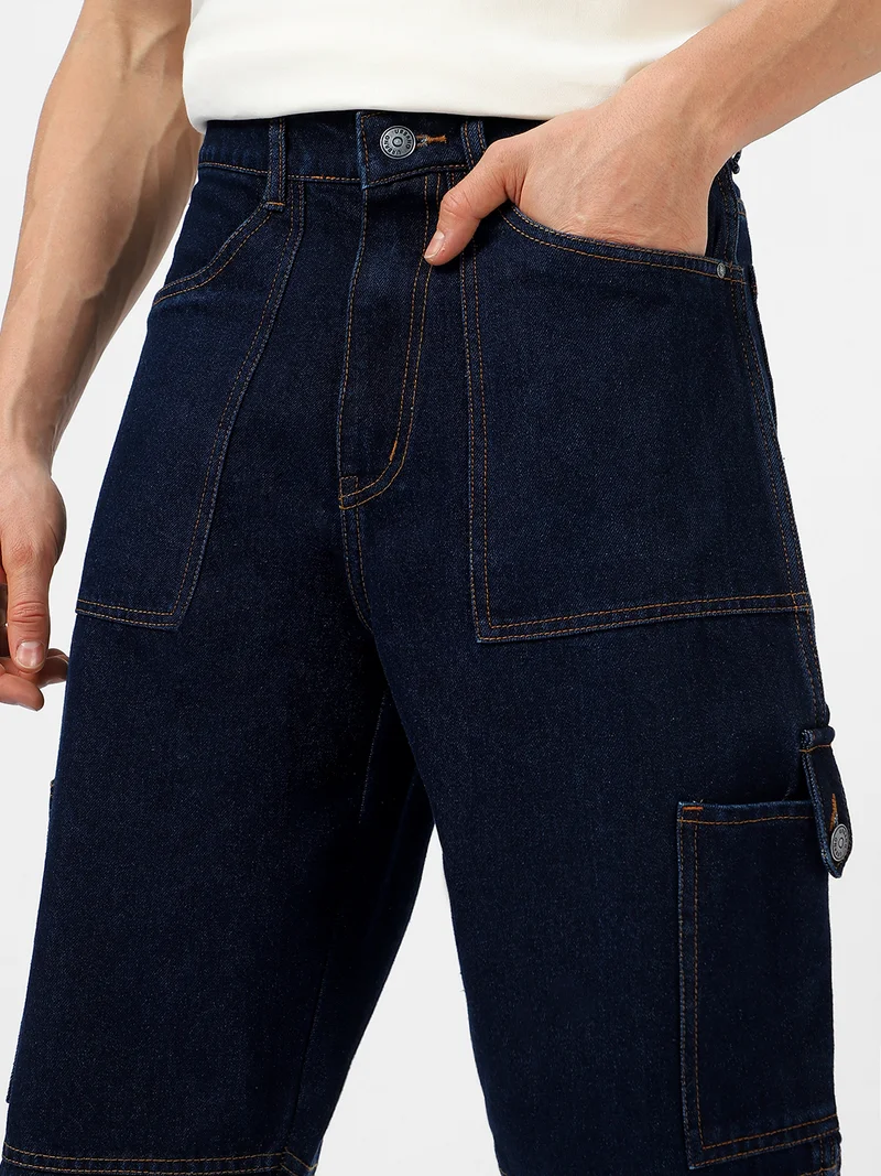 Urbano Fashion Urbano Fashion Men's Dark Blue Loose Baggy Fit Washed Cargo Jeans with 6 Pockets Non-Stretchable
