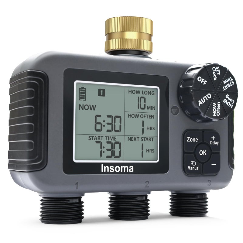Insoma 3Zone Sprinkler Timer with Brass Inlet IPX5 Waterproof Programmable AutoManual Irrigation Mode with Rain Delay Large LCD Water Hose Timer 3 Outlets for Garden Lawn Yard Pool - Image 2