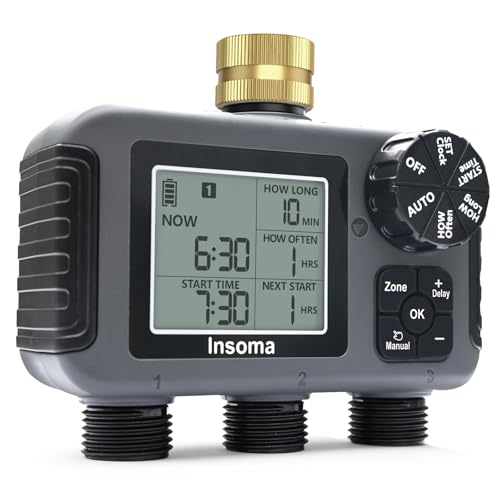 Insoma 3Zone Sprinkler Timer with Brass Inlet IPX5 Waterproof Programmable AutoManual Irrigation Mode with Rain Delay Large LCD Water Hose Timer 3 Outlets for Garden Lawn Yard Pool - Image 1