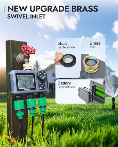 Insoma 3Zone Sprinkler Timer with Brass Inlet IPX5 Waterproof Programmable AutoManual Irrigation Mode with Rain Delay Large LCD Water Hose Timer 3 Outlets for Garden Lawn Yard Pool - Image 3