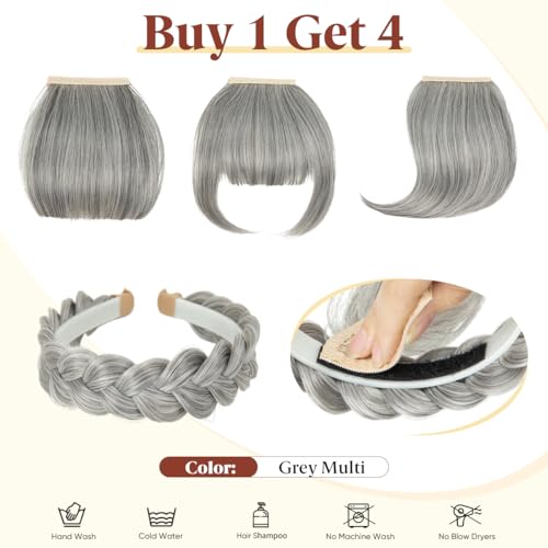 SARLA Braided Headband with 3 Detachable Clip in Bangs Fringe Hairpieces Fake Synthetic Hair Band Bangs for Women Grey Multi - Image 3