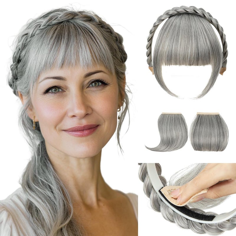 SARLA Braided Headband with 3 Detachable Clip in Bangs Fringe Hairpieces Fake Synthetic Hair Band Bangs for Women Grey Multi - Image 2