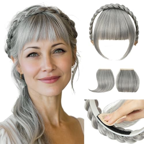 SARLA Braided Headband with 3 Detachable Clip in Bangs Fringe Hairpieces Fake Synthetic Hair Band Bangs for Women Grey Multi - Image 1