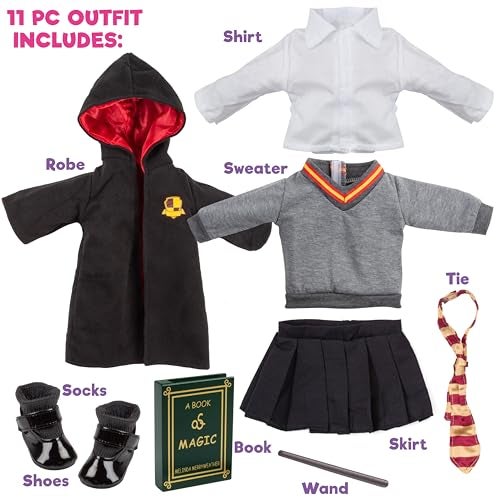 Dress Along Dolly Deluxe 11pc Hermione Granger Inspired 18" Doll Outfit-Compatible with American Girl Outfit & Accessories Set Includes Robe, Wand, Book, Sweater, Shirt, Skirt, Socks, Shoes & Tie - Image 2