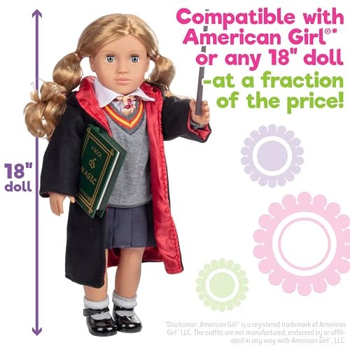 Dress Along Dolly Deluxe 11pc Hermione Granger Inspired 18" Doll Outfit-Compatible with American Girl Outfit & Accessories Set Includes Robe, Wand, Book, Sweater, Shirt, Skirt, Socks, Shoes & Tie - Image 3