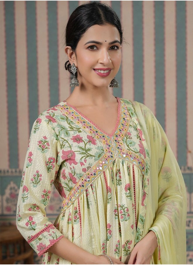 ISHIN Anarkali Fit Embroidered Pattern Round Neck Three-Quarter Sleeves Multicolour Colour Knitted Cotton Kurta Set for Women with Semi Elastic Closure - A Timeless Addition to Your Collection  - Image 2