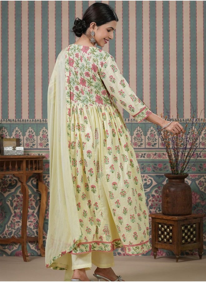 ISHIN Anarkali Fit Embroidered Pattern Round Neck Three-Quarter Sleeves Multicolour Colour Knitted Cotton Kurta Set for Women with Semi Elastic Closure - A Timeless Addition to Your Collection  - Image 3