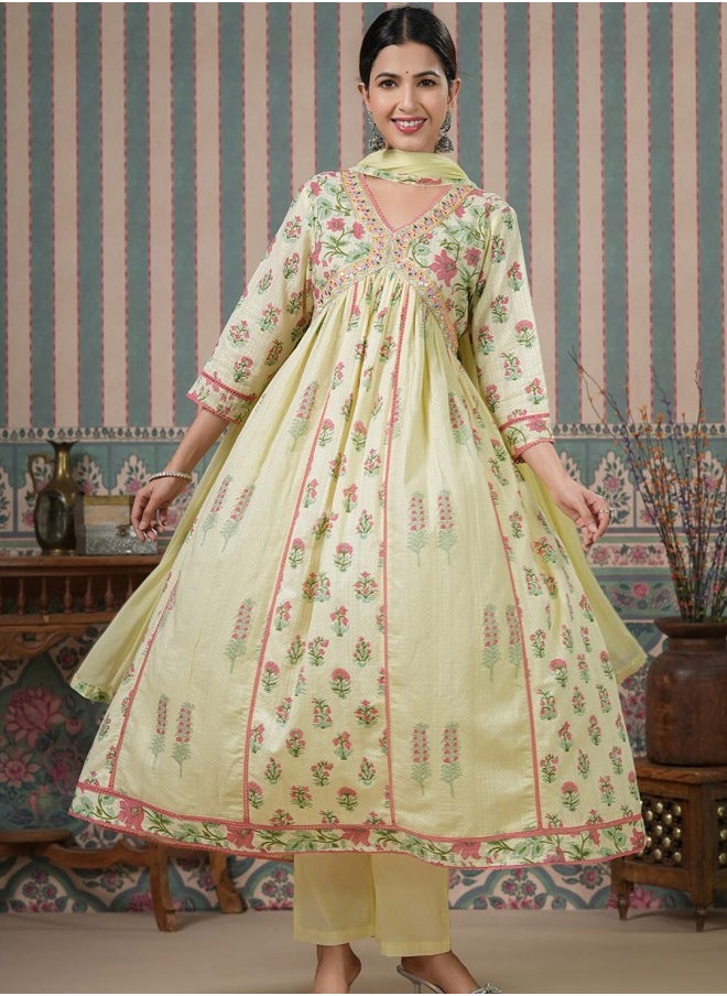 ISHIN Anarkali Fit Embroidered Pattern Round Neck Three-Quarter Sleeves Multicolour Colour Knitted Cotton Kurta Set for Women with Semi Elastic Closure - A Timeless Addition to Your Collection  - Image 1