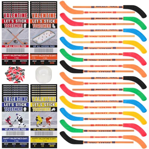 Sinload 36 Sets Hockey Valentines Gifts Set Including Hockey Valentines Day Cards Stick Pencils with Erasers PVC Accessories and Tape for Sports Party Favors Prize Gifts Corrected Year - Image 1
