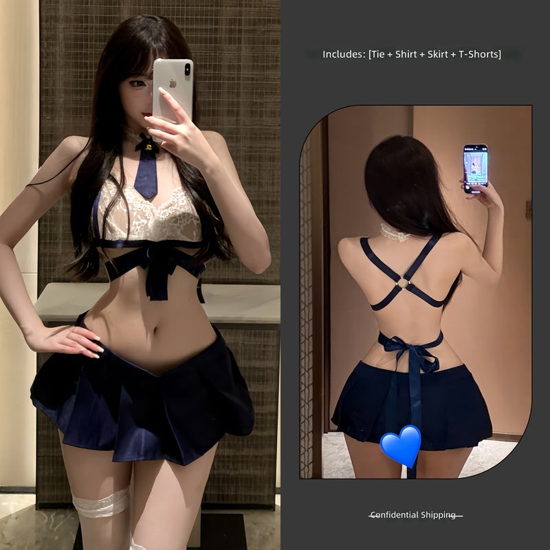 سويت هير ملابس داخلية جديدة جذابة ومثيرة للنساء، طقم جاكيت وتنورة مطوية بتصميم جريء، زي رسمي مثير مع إمكانية فصل الجوارب الدانتيل البيضاء