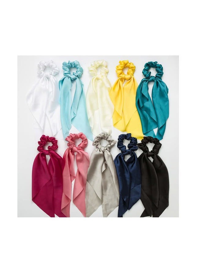 CheongKwanJang Silk Hair Scarf Scrunchies Satin Bow Scrunchie Hair Ribbon Scarf Ties Ponytail Holder Bunny Ear Bowknot Knotted Scrunchy with Long Tails (10pcs) - Image 1