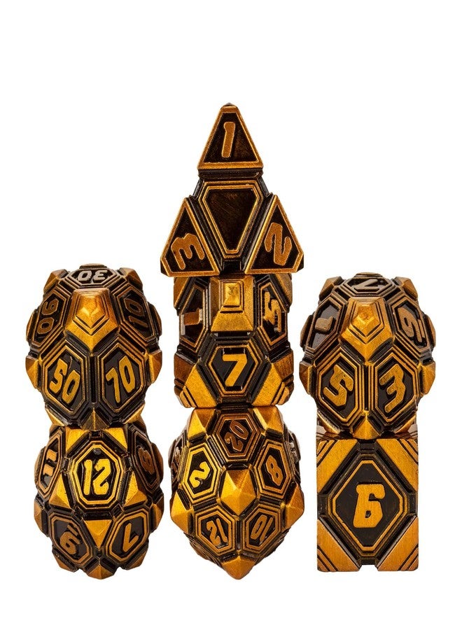 CRITALLIC Metal UFO Dice Set, 7 Die Metal Polyhedral Dice Set for DND Dungeons and Dragons Role Playing Games,with Skull Bag.(Ancient Gold) - Image 1