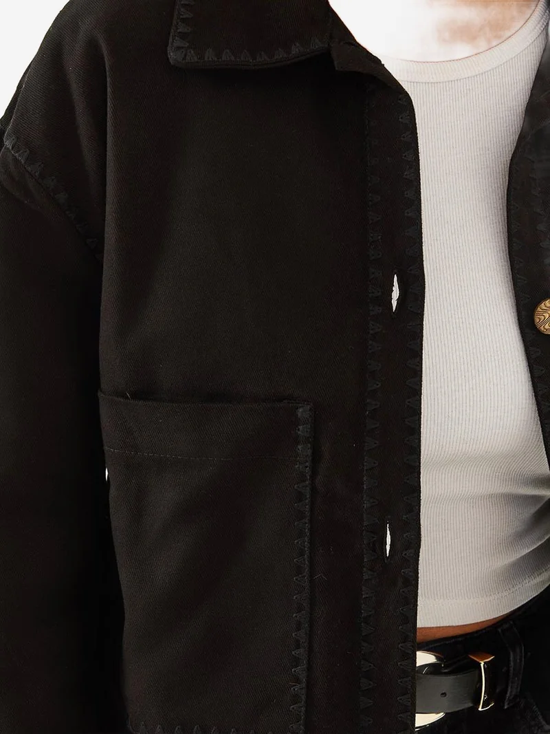 Bianco Lucci Black Embroidered Cropped Woven Jacket with Shirt Collar for Women | Best Price UAE