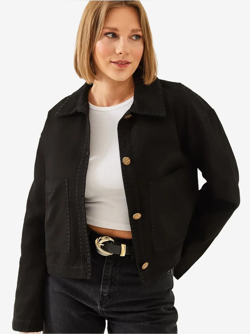 Bianco Lucci Black Embroidered Cropped Woven Jacket with Shirt Collar for Women | Best Price UAE