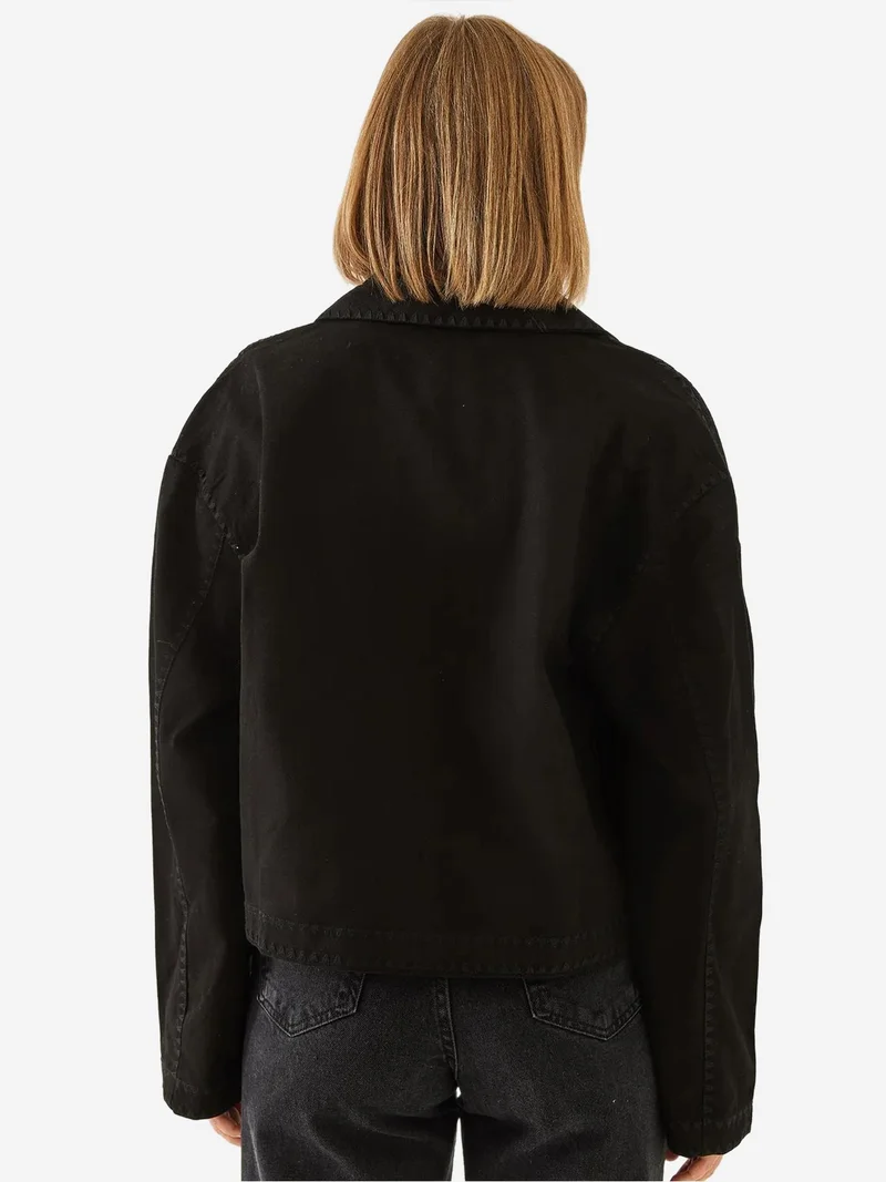 Bianco Lucci Black Embroidered Cropped Woven Jacket with Shirt Collar for Women | Best Price UAE