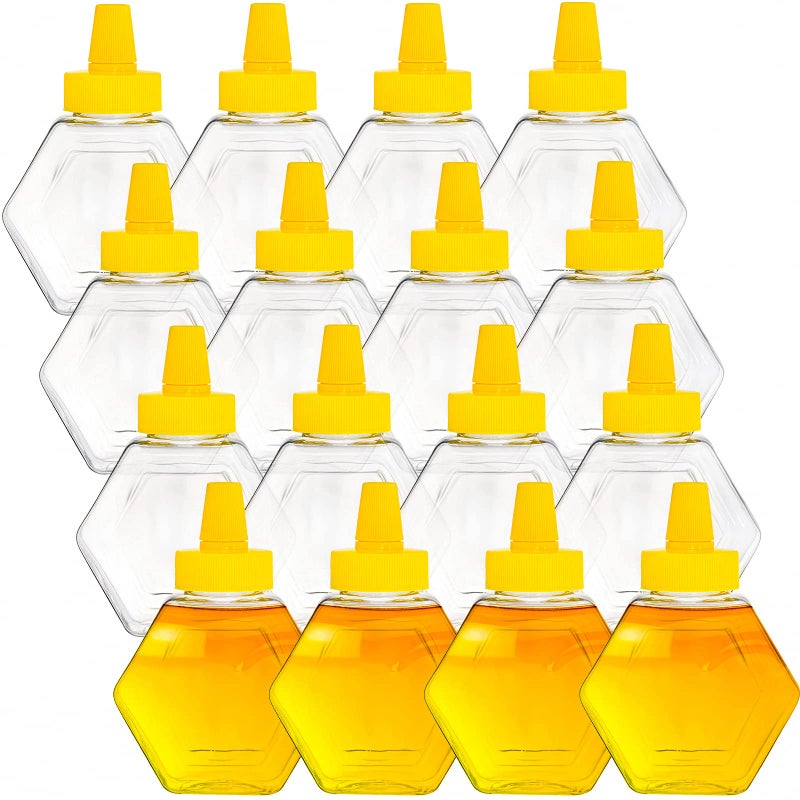 Elsjoy 16 Pack Plastic Honey Bottle Jars 7 Oz Honey Squeeze Bottles Empty Honey Jars With Spout Refillable Condiment Squeeze Bottles Clear Honey Container For Storing And Dispensing Hexagon Shape - Image 1