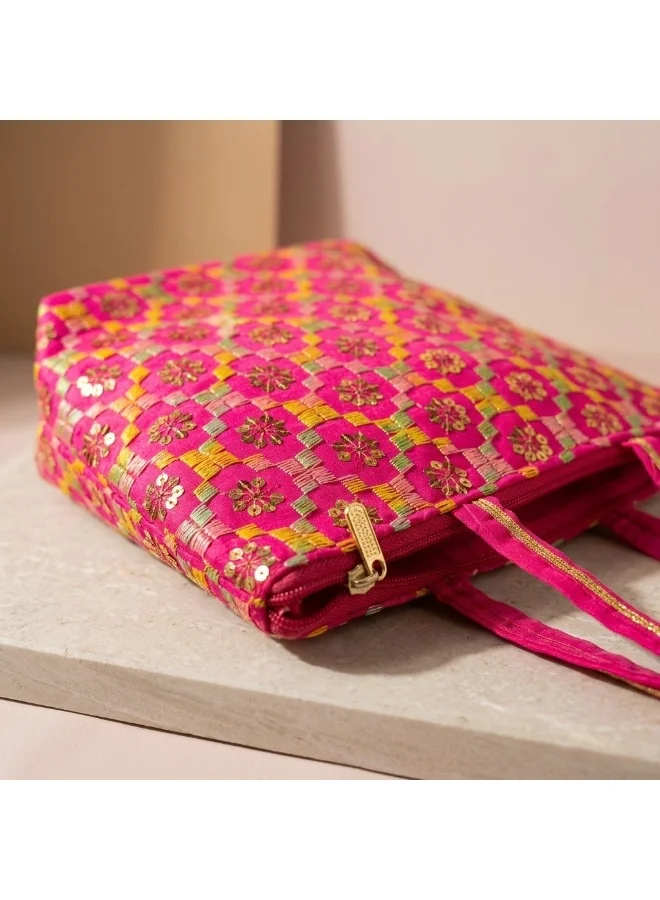 Mobcos Mobcos Pink Flower Embroidered Tote Bag Mobcos Pink Flower Handmade Embroidered Tote Bag | Premium Cotton Boho Shoulder Handbag with Zipper | Spacious Ethnic Bag for Office, Shopping, Travel & Daily Use for Women | Best Price UAE