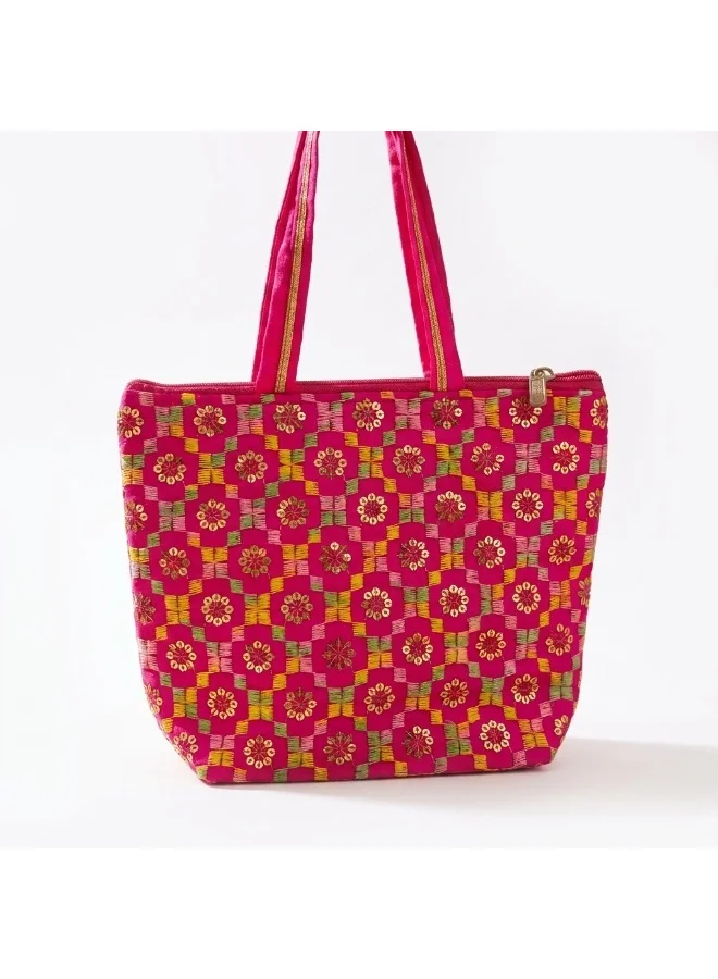 Mobcos Mobcos Pink Flower Embroidered Tote Bag Mobcos Pink Flower Handmade Embroidered Tote Bag | Premium Cotton Boho Shoulder Handbag with Zipper | Spacious Ethnic Bag for Office, Shopping, Travel & Daily Use for Women | Best Price UAE