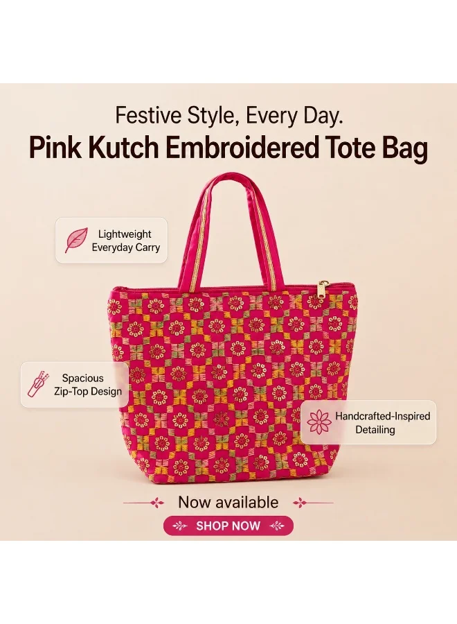 Mobcos Mobcos Pink Flower Handmade Embroidered Tote Bag | Premium Cotton Boho Shoulder Handbag with Zipper | Spacious Ethnic Bag for Office, Shopping, Travel & Daily Use
