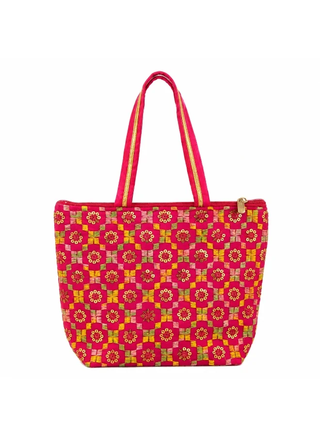 Mobcos Mobcos Pink Flower Handmade Embroidered Tote Bag | Premium Cotton Boho Shoulder Handbag with Zipper | Spacious Ethnic Bag for Office, Shopping, Travel & Daily Use