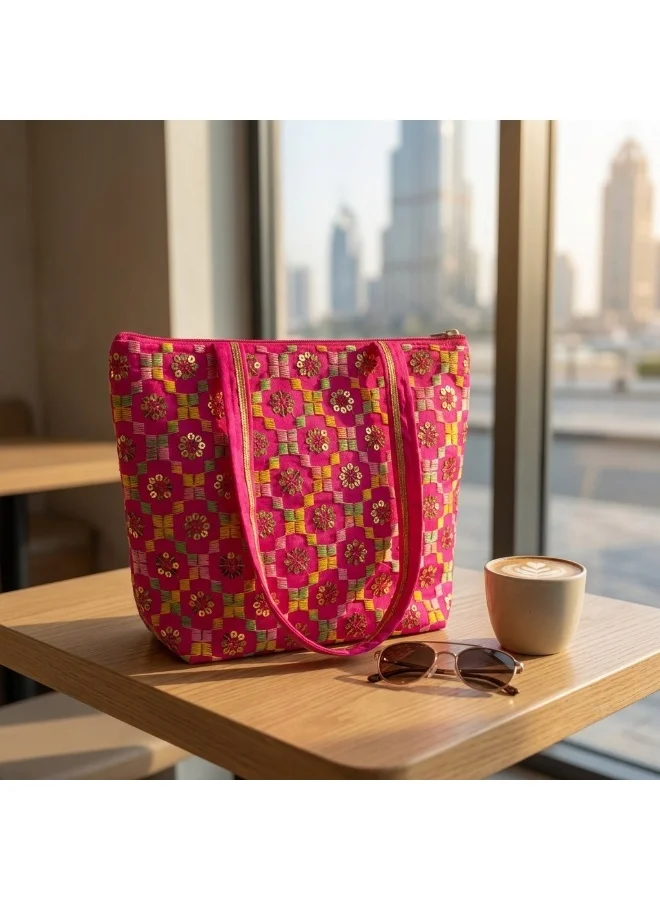 Mobcos Mobcos Pink Flower Embroidered Tote Bag Mobcos Pink Flower Handmade Embroidered Tote Bag | Premium Cotton Boho Shoulder Handbag with Zipper | Spacious Ethnic Bag for Office, Shopping, Travel & Daily Use for Women | Best Price UAE
