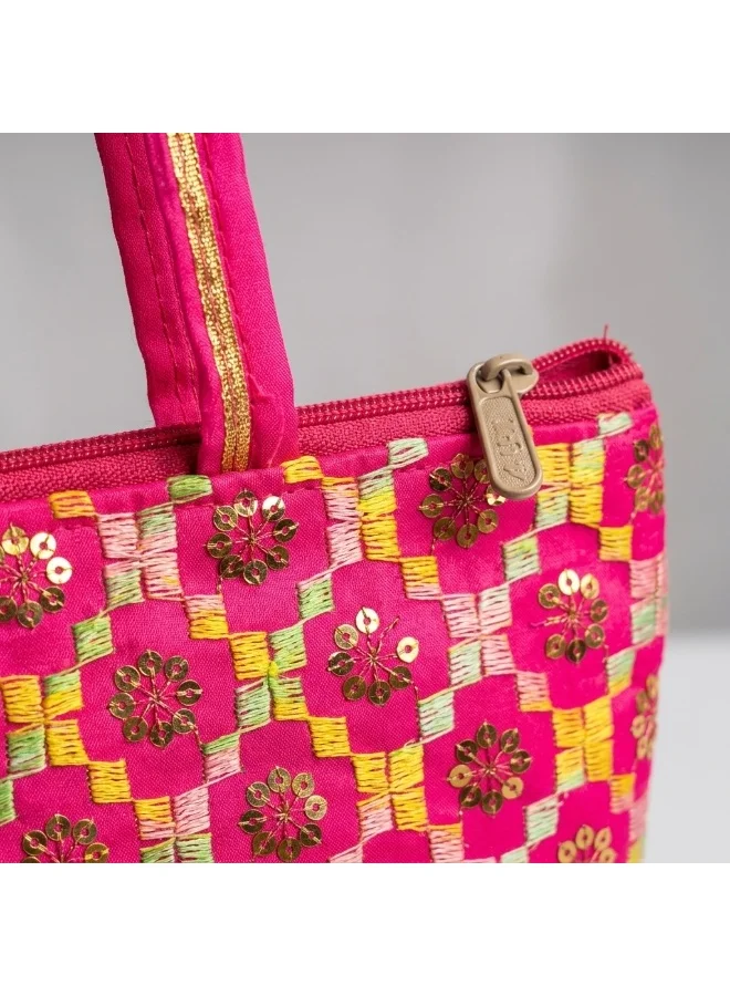 Mobcos Mobcos Pink Flower Embroidered Tote Bag Mobcos Pink Flower Handmade Embroidered Tote Bag | Premium Cotton Boho Shoulder Handbag with Zipper | Spacious Ethnic Bag for Office, Shopping, Travel & Daily Use for Women | Best Price UAE