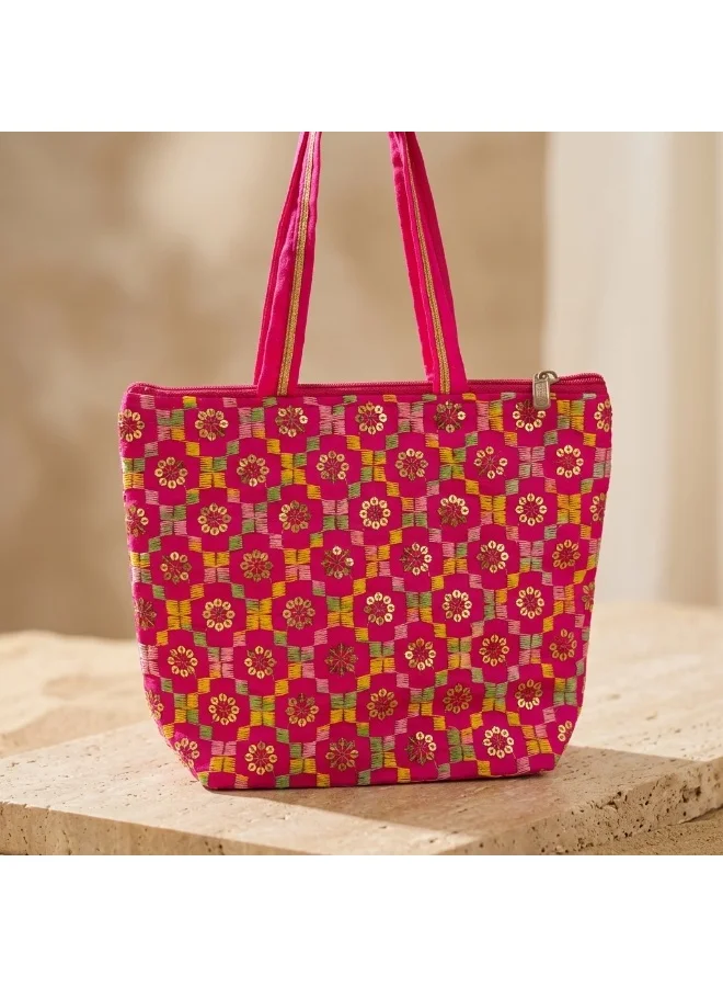 Mobcos Mobcos Pink Flower Embroidered Tote Bag Mobcos Pink Flower Handmade Embroidered Tote Bag | Premium Cotton Boho Shoulder Handbag with Zipper | Spacious Ethnic Bag for Office, Shopping, Travel & Daily Use for Women | Best Price UAE