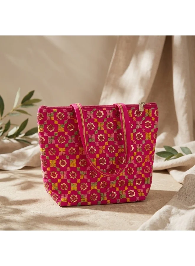Mobcos Mobcos Pink Flower Embroidered Tote Bag Mobcos Pink Flower Handmade Embroidered Tote Bag | Premium Cotton Boho Shoulder Handbag with Zipper | Spacious Ethnic Bag for Office, Shopping, Travel & Daily Use for Women | Best Price UAE